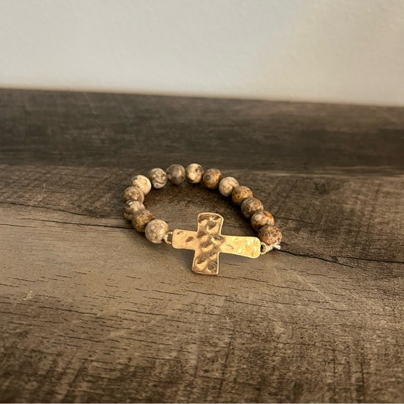 Hammered Cross Natural Stone Bracelet - Picture 2 of 4